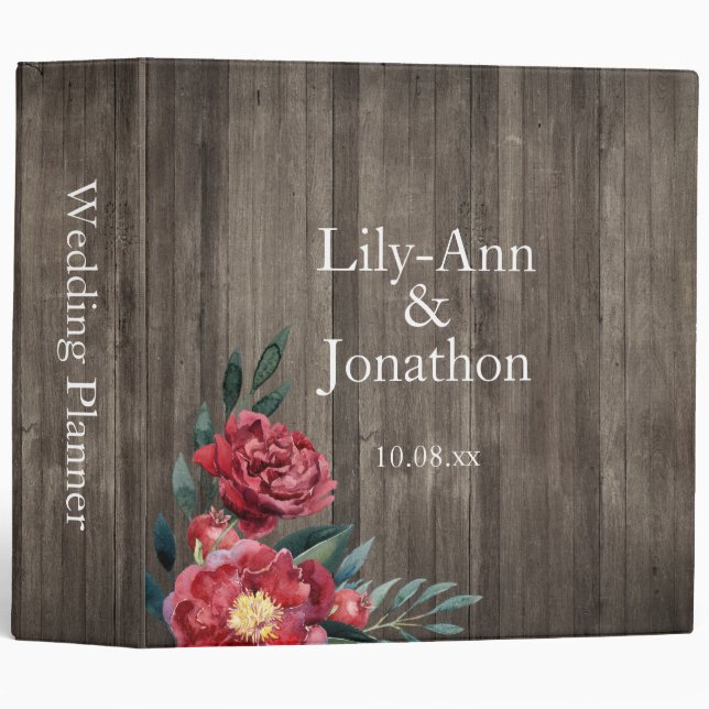 Burgundy Marsala & Rustic Woodgrain Floral Binder (Front/Spine)