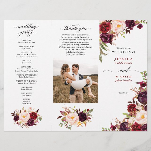 Burgundy Marsala Tri-Fold Wedding Program Photo (Front)