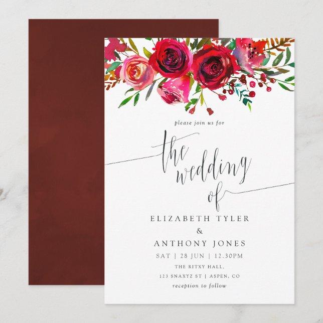 Burgundy - Marsala Watercolor Floral Wedding Invitation (Front/Back)