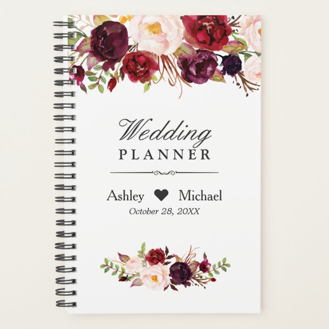 Burgundy Marsala Watercolor Red Floral Wedding Planner (Front)