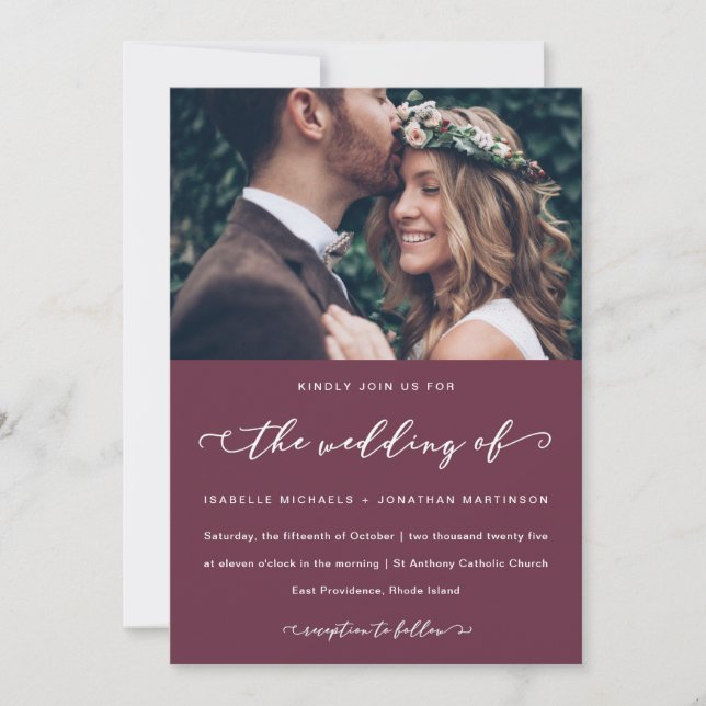 Burgundy Marsala Wedding Calligraphy and Photo Invitation (Front)