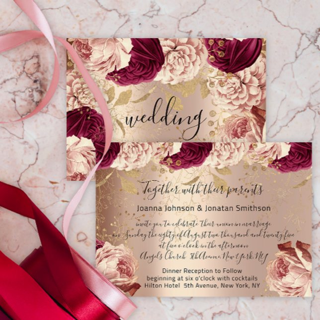 Burgundy Marsala Wedding Rose Gold Roses Pink Invitation (Burgundy Marsala Wedding Rose Gold Roses Pink Invitation)