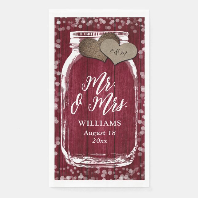 Burgundy Mason Jar Barn Wood Mr. & Mrs. Wedding Napkin (Front)