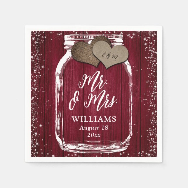 Burgundy Mason Jar Rustic Wood Mr. & Mrs. Wedding Napkin (Front)