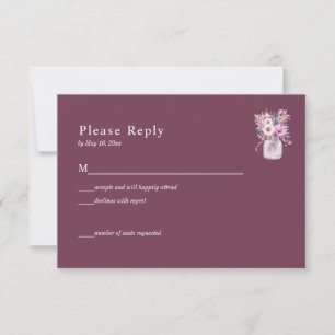 Burgundy Mason Jar with Flowers RSVP Card