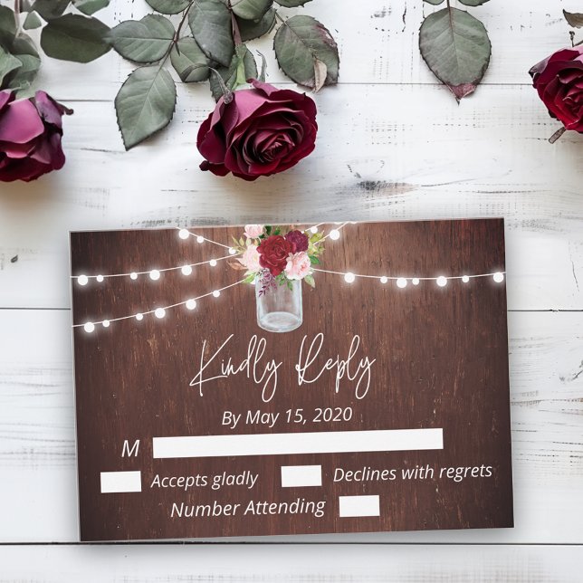 Burgundy Mason Jar Wood String Lights Budget RSVP Card (Creator Uploaded)