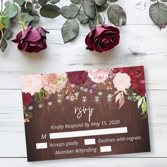 Burgundy Mason Jar Wood String Lights Flower RSVP  (Creator Uploaded)