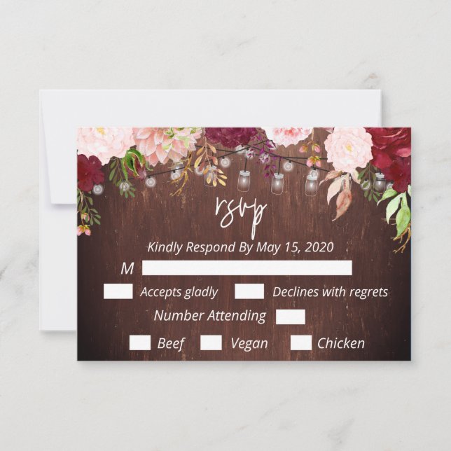 Burgundy Mason Jar Wood String Lights Flower RSVP  (Front)