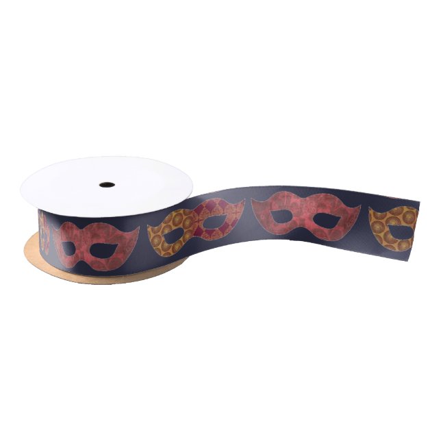Burgundy Masquerade Masks Pattern Satin Ribbon (Spool)