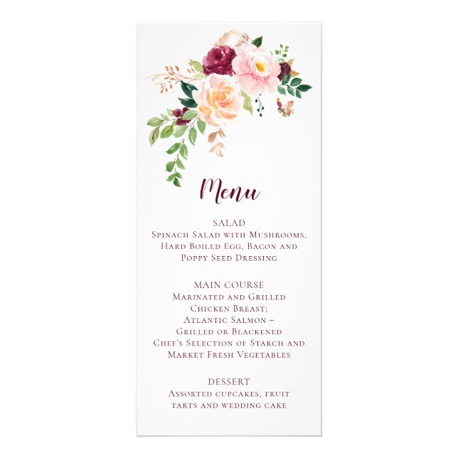Burgundy Mauve Blush Floral Mariage Menu (Devant)