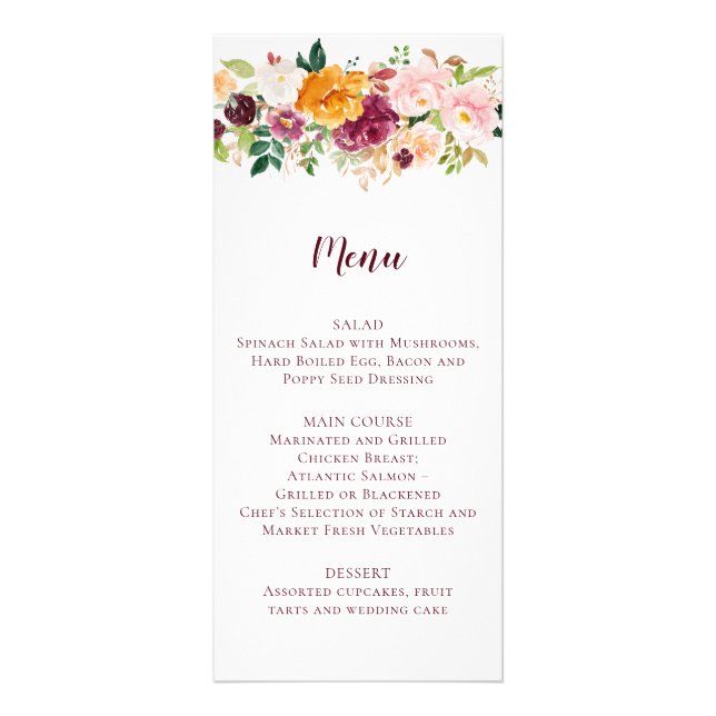 Burgundy Mauve Blush Saffron Floral Wedding Menu (Front)