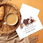 Burgundy Mauve Ivory Fall 90th Birthday Flat Thank You Card<br><div class="desc">A beautiful and elegant thank you card designed especially for a 90th birthday party. It features a large floral spray of burgundy red, mauve pink and ivory white flowers nestled in green leaves. Two lines are provided for a customized thank you and the birthday woman's name. This item is part...</div>