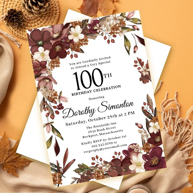 Burgundy Mauve Ivory Fall Floral 100th Birthday Invitation (Need a matching fall welcome sign? Party supplies. Message me!)