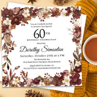 Burgundy Mauve Ivory Fall Floral 60th Birthday