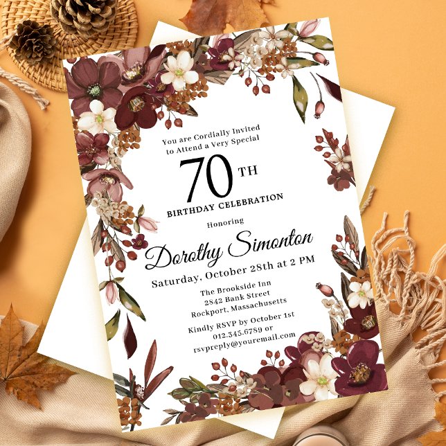 Burgundy Mauve Ivory Fall Floral 70th Birthday Invitation (Need a matching autumn Welcome sign? Party supplies. Message me!)