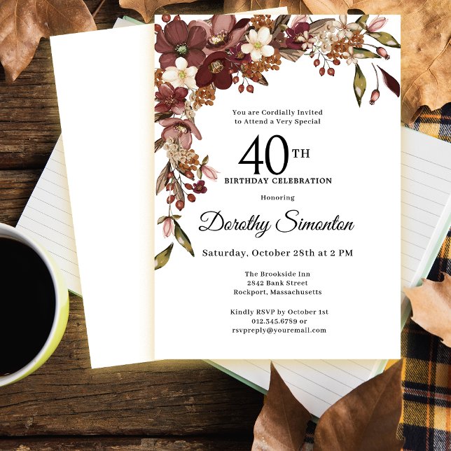 Burgundy Mauve Ivory Fall Flowers 40th Birthday Invitation (Creator Uploaded)