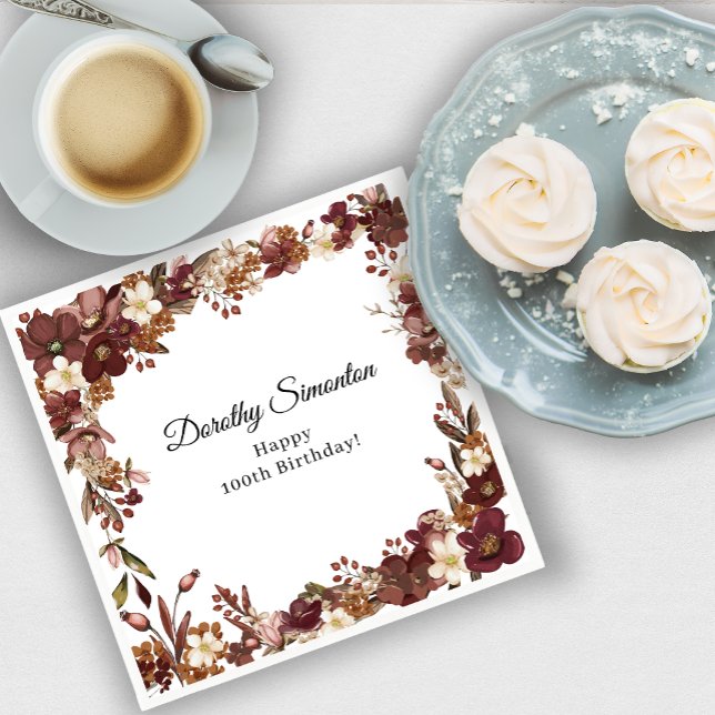 Burgundy Mauve White Fall Flower 100th Birthday Napkin (Need more matching party supplies? Message me!)
