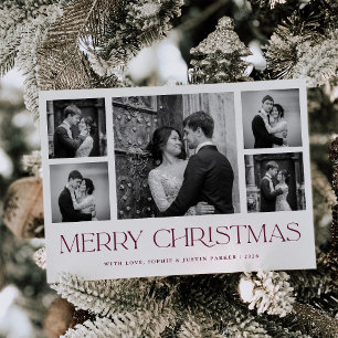 Burgundy Merry Christmas Elegant Photo Grid Holiday Card