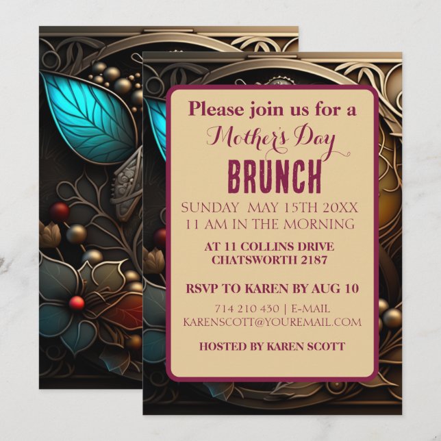 Burgundy Metal Art with pearls Mother's Day Invitation (Front/Back)