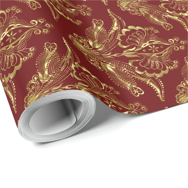 Burgundy & Metallic Gold Foil Look Floral Damasks Wrapping Paper (Roll Corner)