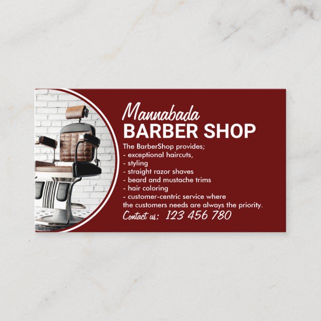 Burgundy Minimal Style Hair Salon Photos of Barber Business Card (Front)