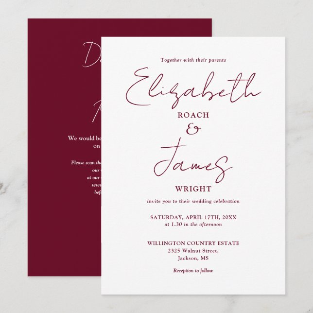 Burgundy Minimalist Elegant QR Code Wedding Invitation (Front/Back)