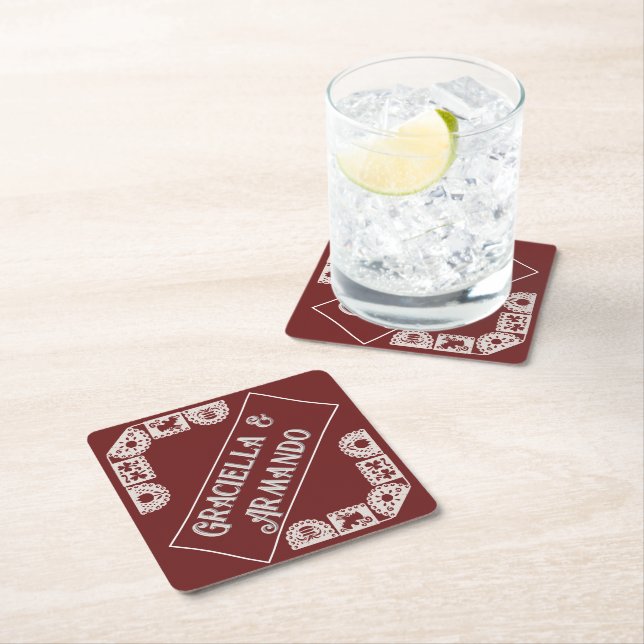 Burgundy Minimalist Paper Wedding Coasters (Insitu)