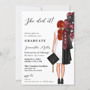 Burgundy Minimalist Photo She Did It Graduation Invitation