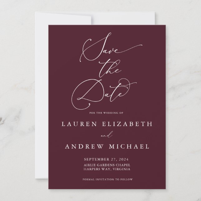 Burgundy Minimalist Save the Date Invitation (Front)