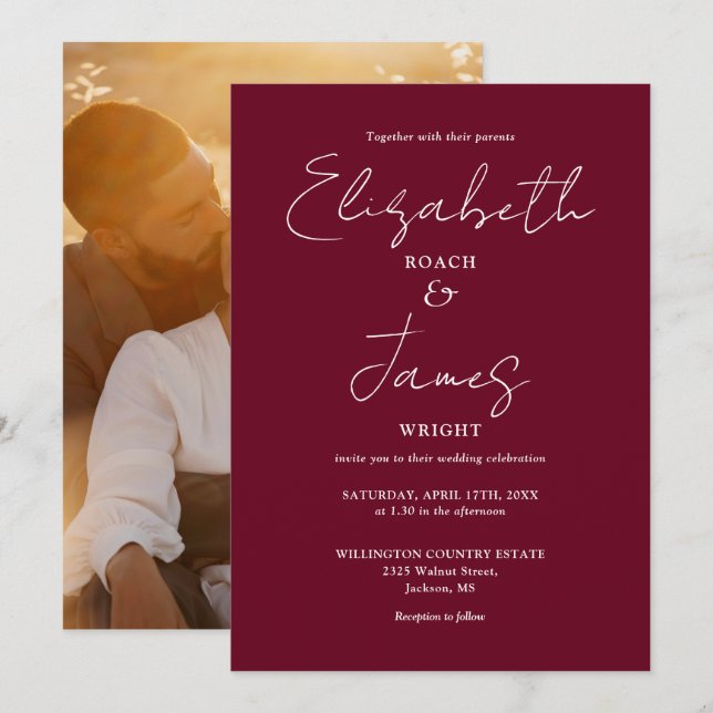 Burgundy Minimalist  Script Photo Wedding Invitation (Front/Back)