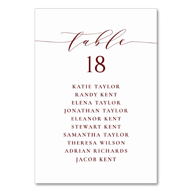 Burgundy Minimalist Script Wedding Seating Plan Table Number (Front)