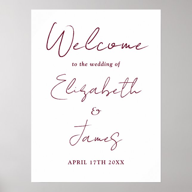 Burgundy Minimalist Script Wedding Welcome Sign (Front)
