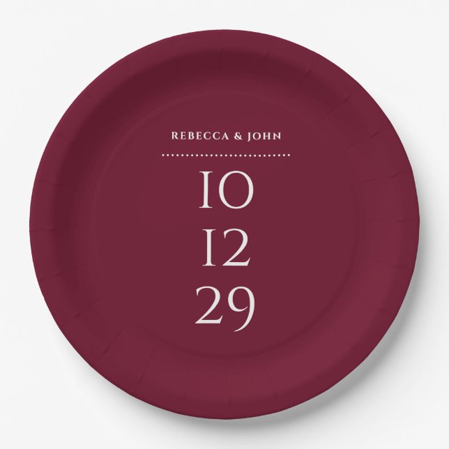 Burgundy Minimalist Special Date Wedding Paper Plate (Front)