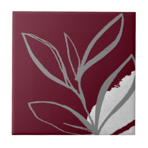 Burgundy Minimalist Watercolor Leaves Tile