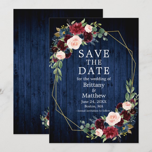 Burgundy Mixed Floral Blue Wood Geo Frame Save The Date (Front/Back)