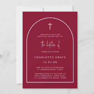 Burgundy Modern Arch Script Minimalist Baptism  Invitation