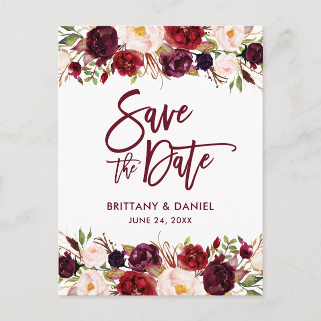 Burgundy Modern Brush Script Save the Date Floral Announcement Postcard (Front)
