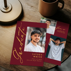 Burgundy Modern Calligraphy Photo Graduation Invitation