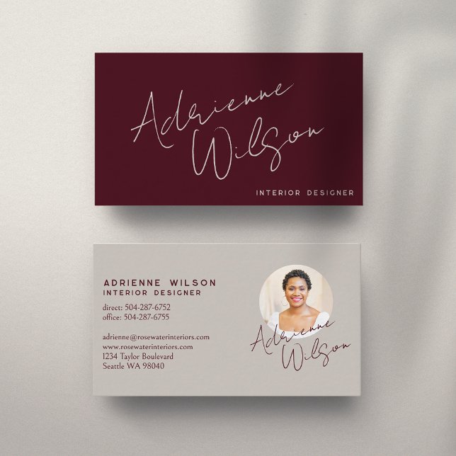 Burgundy Modern Elegant Signature Minimalist Photo Business Card (Elegant Signature and Photo Business Card in Burgundy)