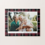 Burgundy modern family photo rustic tartan check jigsaw puzzle<br><div class="desc">Burgundy modern rustic tartan check family photo gift. Stylish modern elegant design.</div>