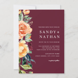 Burgundy Modern Floral Blossoms Wedding Invitation