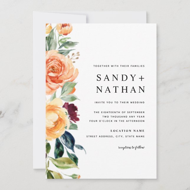 Burgundy Modern Floral Blossoms Wedding Invitation (Front)