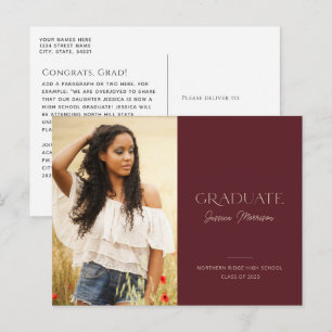 Burgundy Modern Grad 2022 Photo Graduation Postcard