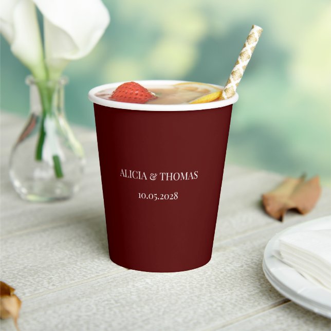 Burgundy Modern Initials Minimalist Wedding  Paper Cups (Insitu)