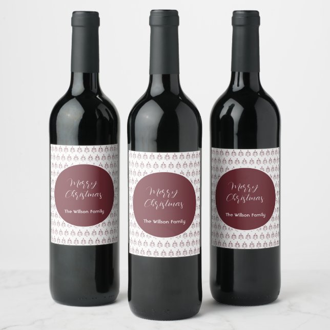 Burgundy Modern Merry Christmas Tree  Wine Label (Bottles)