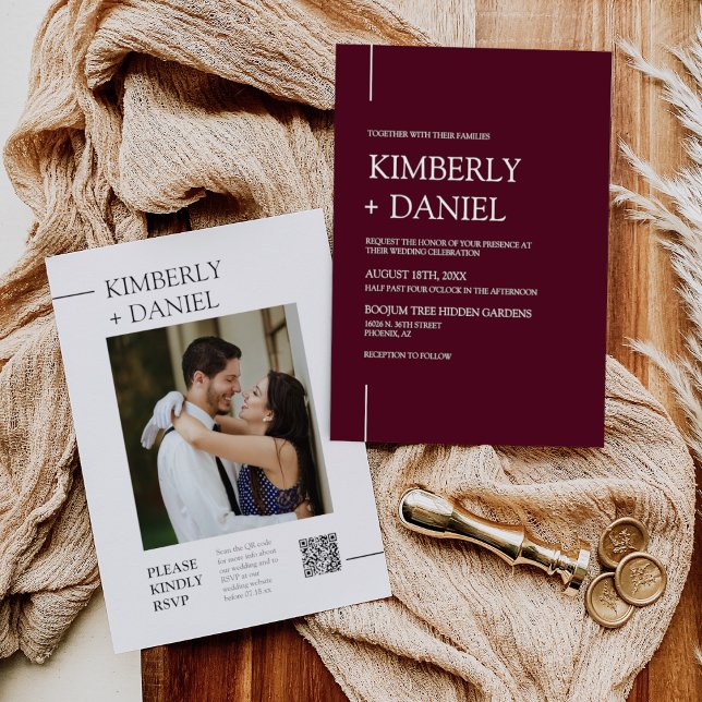 Burgundy Modern Minimal Wedding QR Code Photo  Invitation (Creator Uploaded)