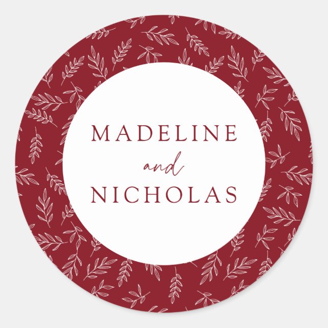 Burgundy Modern Minimalist Botanical Wedding Classic Round Sticker (Front)