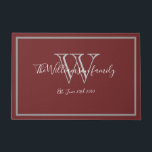 Burgundy Modern Monogram Name Cute Wedding Welcome Doormat<br><div class="desc">Burgundy Modern Monogram Script Name Cute Wedding Welcome Doormat. Personalized grey monogram with bride and groom last name and date established on a burgundy background. Makes a unique sweet gift for newlyweds. Perfect for their new life together. Click personalize this template to customize it quickly and easily. Ships Worldwide fast....</div>