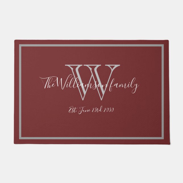 Burgundy Modern Monogram Name Cute Wedding Welcome Doormat (Front)