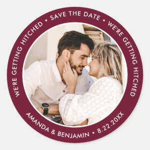 Burgundy Modern Photo Wedding Save The Date Classic Round Sticker